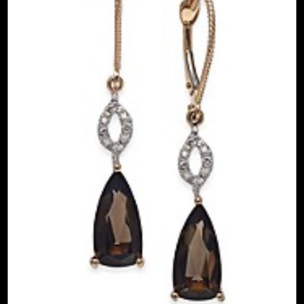 SOLD EBY:14k solid rose gold Smokey quartz diamond accent drop earrings